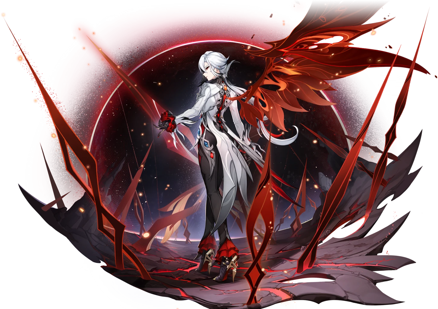 Arlecchino, personnage Pyro de Genshin Impact, maniant une lance dans une tenue rouge et blanche