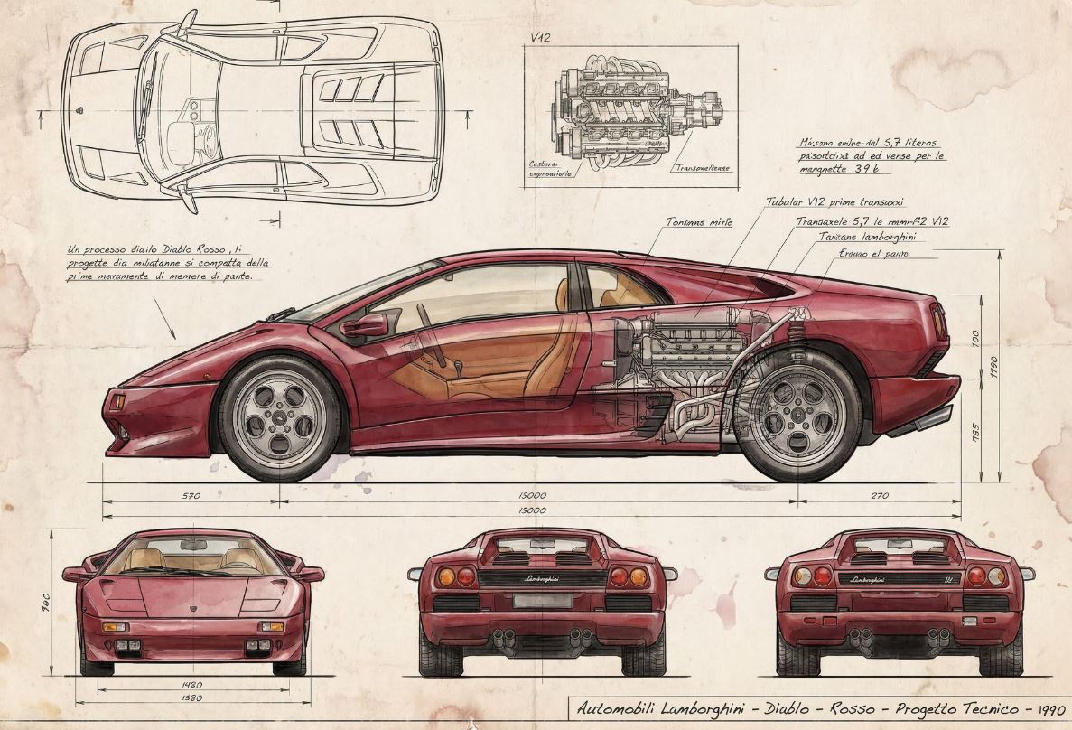 Lamborghini Diablo V12 italienne des années 1990 vue de trois quarts avant