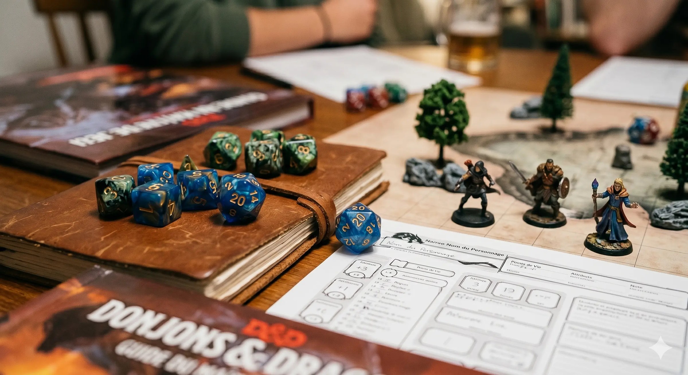 Un dé à 20 faces d20 en résine posé sur une table de jeu de rôle