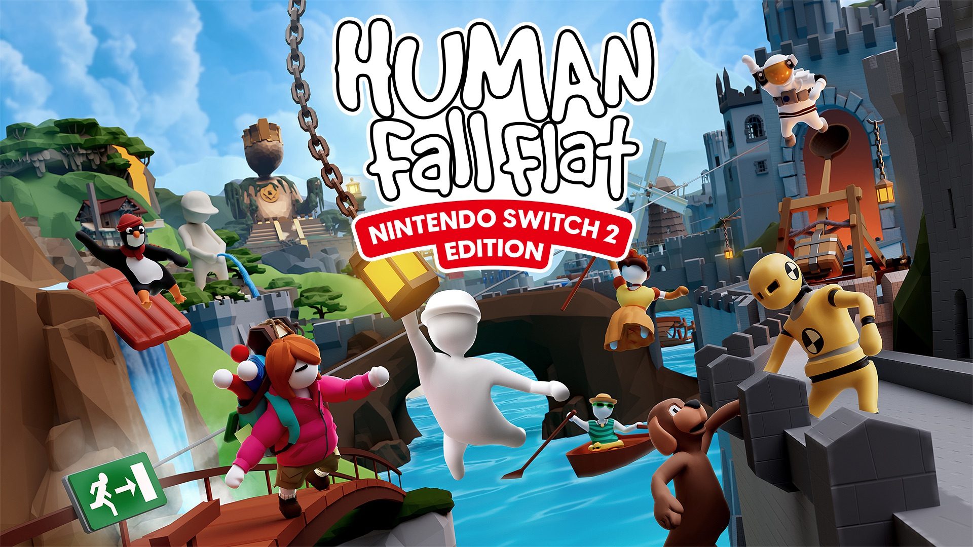 Bob, le personnage de Human Fall Flat, escaladant un décor onirique du jeu