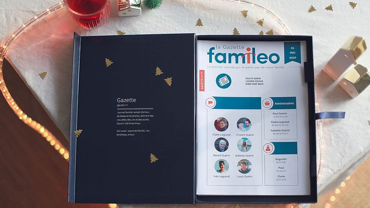 Espace Famileo mon compte ouvert sur un écran, à côté d'une gazette familiale imprimée